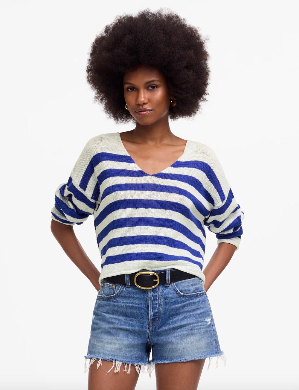 Madewell Linen V Neck Sweater Striped Sapphire Blue Relaxed Nautical Small NWT